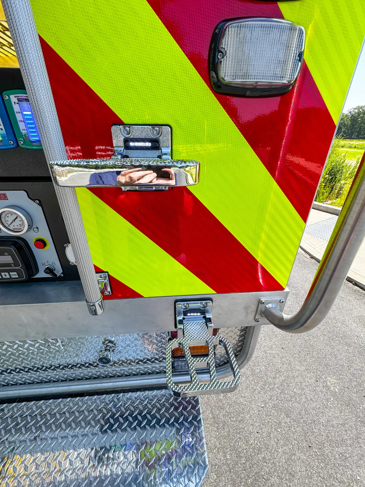 Top deck view looking forward over yellow grating and side rails.